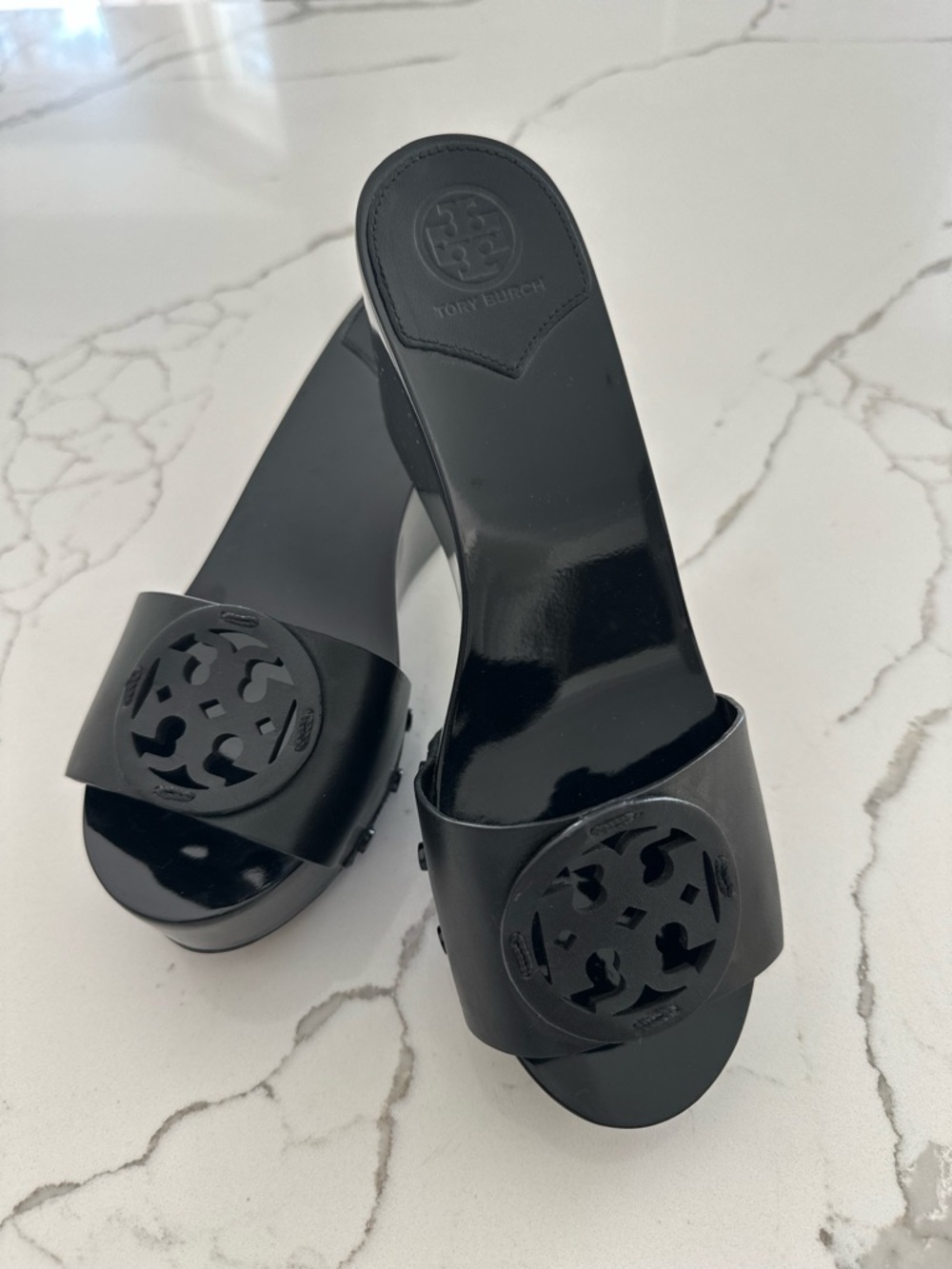 Tory Burch Glossy Black Logo Slide Mules